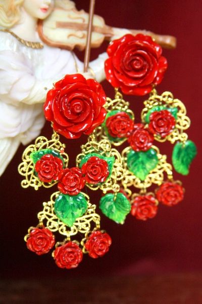 SOLD! 3736 Baroque Vivid Red Roses Massive Earrings Studs