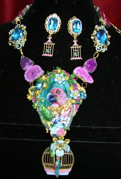 SOLD! 3738 Genuine Hand Painted Huge Agate Chalcedony Parrot Necklace+ Earrings