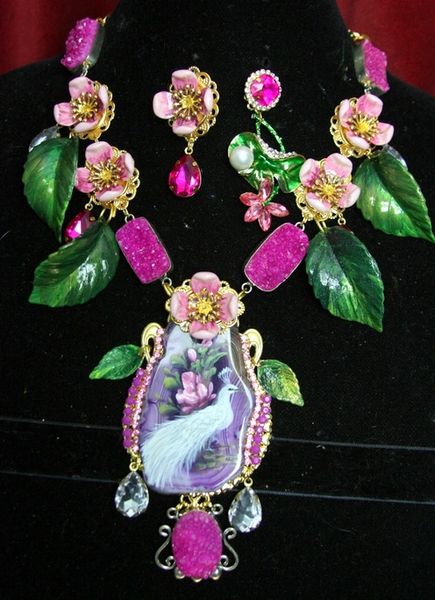 SOLD! 3737 Genuine Hand Painted Agate Peacock Chalcedony Necklace+ Earrings