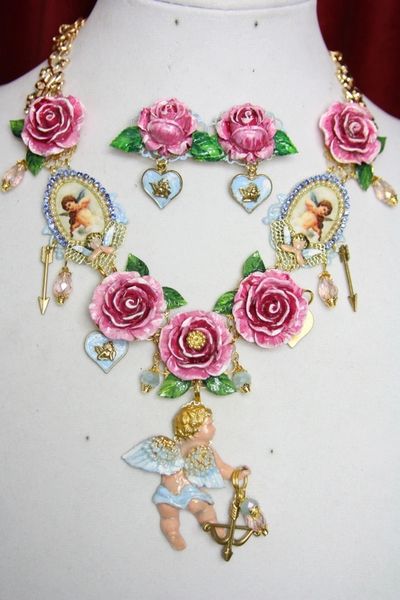 SOLD! 3739 Set Of Hand Painted Roses Cupid Cherub Necklace+ Earrings