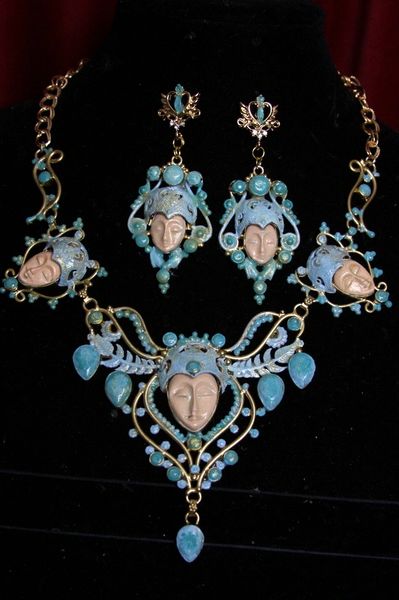 SOLD! 3743 Set Of Carved Genuine Jasper Face Hand Painted Necklace+ Earrings