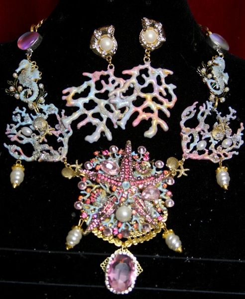 SOLD! 3745 Set Of Coral Sea Star Sea Horse Hand Painted Necklace+ Earrings