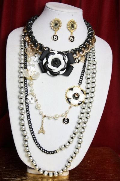 SOLD! 3747 Set Of Madam Coco Enamel Leather Camellia Enamel Charms Chains Necklace+ Earrings