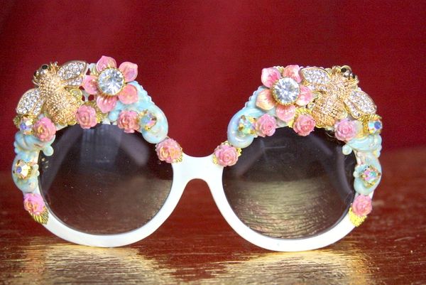 SOLD! 3752 Baroque Embellished Enamel Crystal Bee Pastel Flower Sunglasses