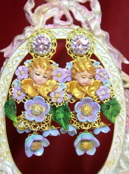 SOLD! 3754 Hand Painted Cherubs Baroque Flower Earrings Studs