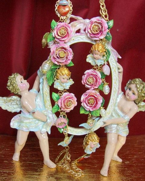 SOLD! 3755 Set Of Hand Painted Long Chain Runway Roses Cherubs Necklace+ Earrings