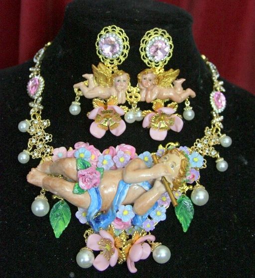 SOLD! 3756 Set Of Hand Painted Musical Vivid Cherubs Necklace+ Earrings