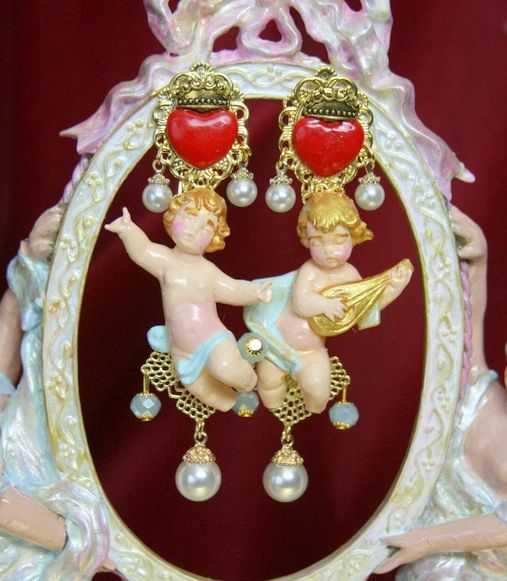 SOLD! 3757 Hand Painted Cherubs Baroque Sacred Heart Earrings Studs