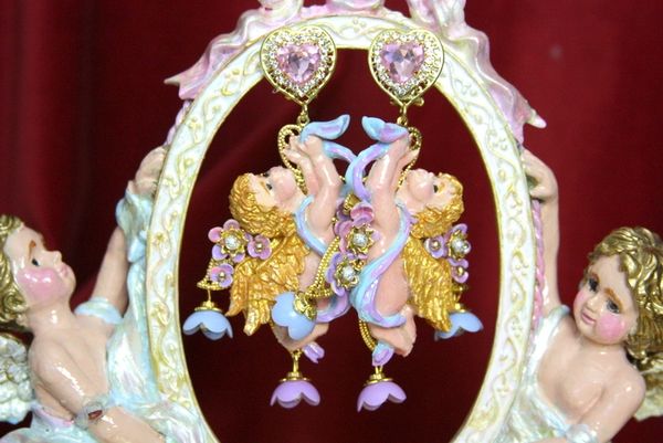 SOLD! 3766 Hand Painted Faced Cherubs Baroque Lavender Flower Earrings Studs