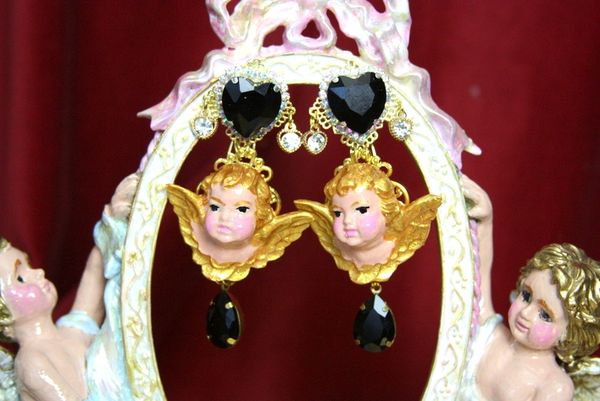 SOLD! 3767 Hand Painted Cherubs Baroque Black Crystal Earrings Studs