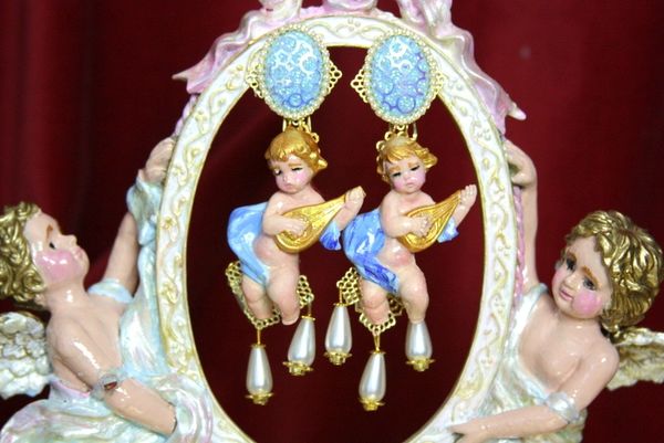 SOLD! 3768 Hand Painted Cherubs Baroque Blue Musical Earrings Studs
