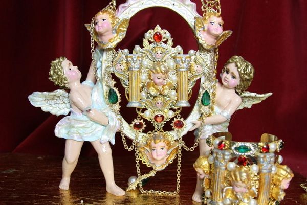SOLD! 3770 Set Of Hand Painted Cathedral Style Vivid Cherubs Necklace+ Earrings