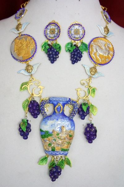 SOLD! 3774 Set Of Hand Painted 3D Effect Greek Revival Vase Grapes Greek Coins Statement Necklace+ Earrings