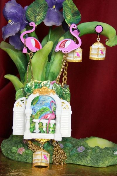 SOLD! 3775 Set Of Hand Painted 3D Effect Unusual Flamingos Birdcage Balcony Statement Necklace+ Earrings