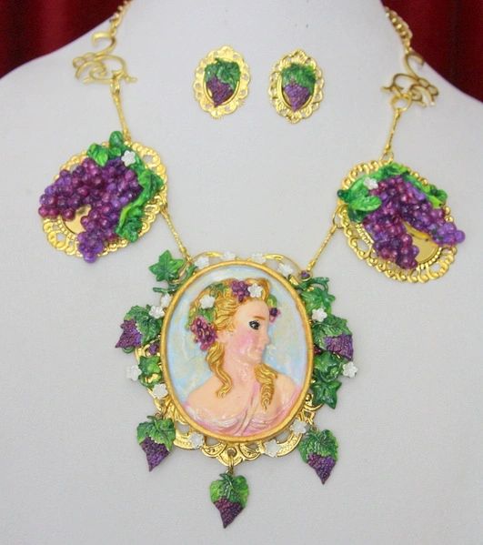 SOLD! 3781 Set Of Hand Painted Victorian Lady Grapes 3D Effect Statement Necklace+ Earrings