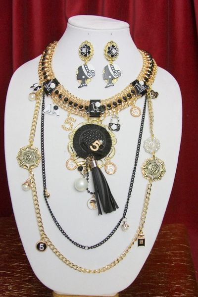 SOLD! 3786 Set Of Madam Coco Enamel Charms Chains Necklace+ Earrings