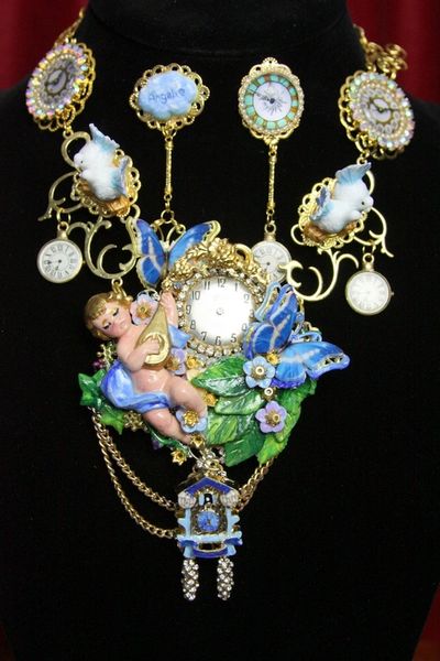 SOLD! 3787 Set Of Hand Painted Cherub Watch Coo-coo Butterfly Dove Grapes 3D Effect Statement Necklace+ Earrings