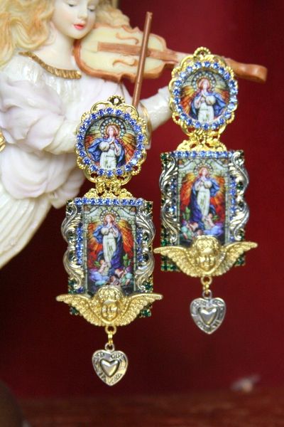 SOLD! 3796 Madonna Virgin Mary Church Stained Glass Earrings Studs