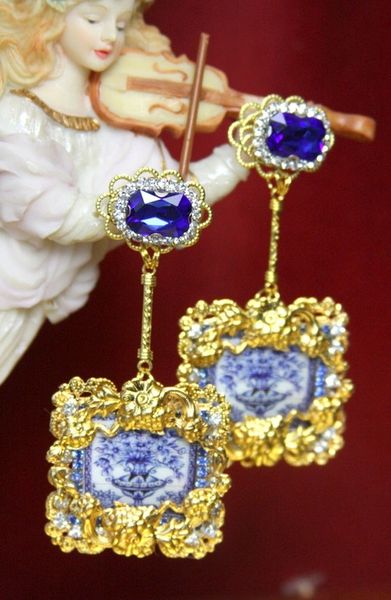 SOLD! 3798 Baroque Sicilian Blue Vase Pattern Cameo Crystal Earrings Studs