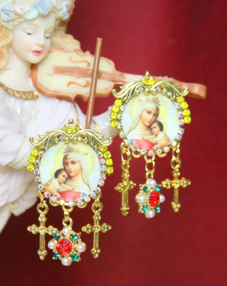 SOLD! 3800 Virgin Mary Madonna Crosses Elegantl Crystal Earrings Studs