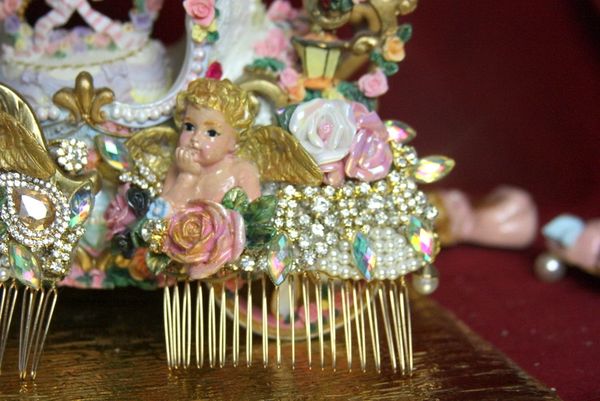 SOLD! 3804 Hair Comb Total Baroque Hand Painted Cherub Ceramic Roses Crystal