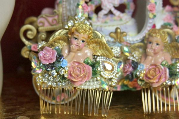 SOLD! 3805 Hair Comb Total Baroque Hand Painted Cherub Ceramic Roses Crystal
