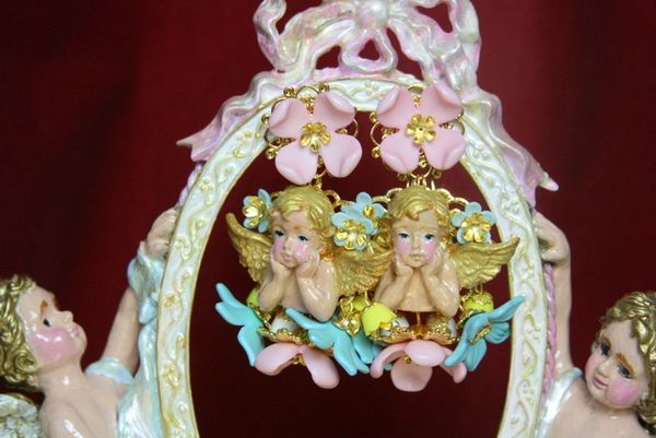 SOLD! 3807 Baroque Hand Painted Vivid Cherubs Dangle Flowersl Earrings Studs