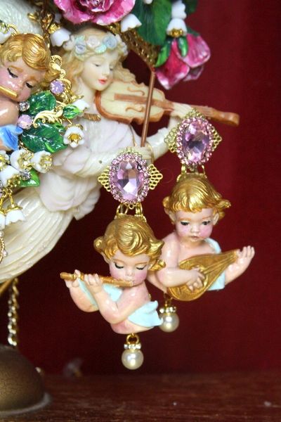 SOLD! 3809 Baroque Hand Painted Vivid Cherubs Dangle Flowersl Earrings Studs