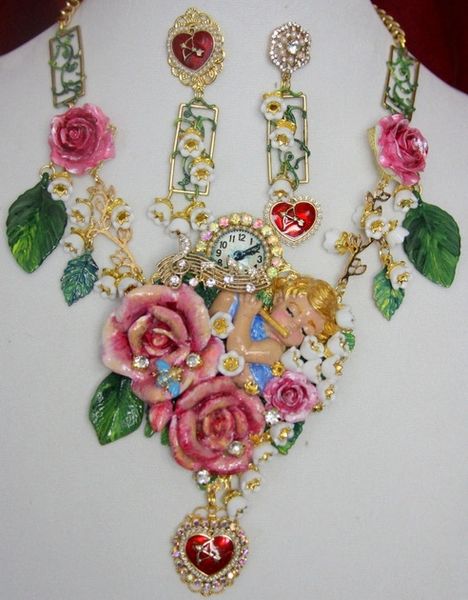 SOLD! 3820 Set Of Hand Painted Cherub Watch Fife Lily Of The Valley 3D Effect Statement Necklace+ Earrings