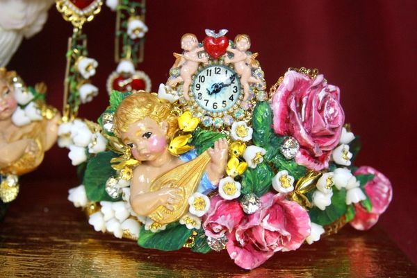 SOLD! 3822 Baroque Hand Painted Vivid Musical Mandolin Cherub Putti Angel Clock Crown