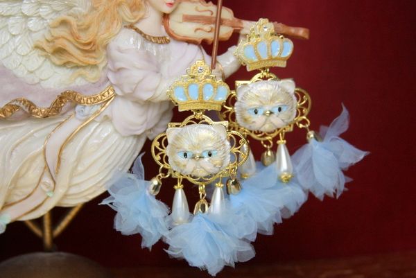 SOLD! 3831 Baroque Enamel Victorian Crown Tassel Pearl Cat Earrings