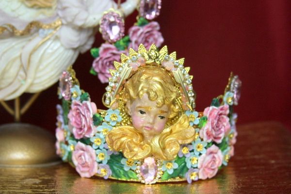 SOLD! 3832 Set Of Baroque Hand Painted Cherub Putti Angel Flowers Crown+ Earrings