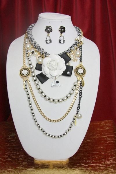 SOLD! 3843 Madam Coco Charms Leather White Camellia Tweed Set Necklace +