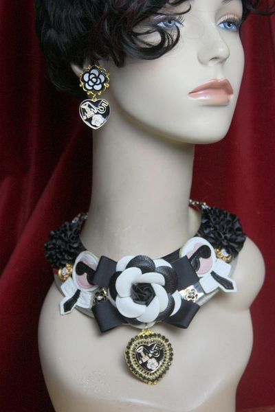 SOLD! 3844 Madam Coco Charms Leather White Camellia Tweed Set Necklace +