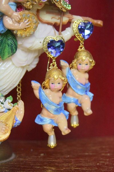 SOLD! 3845 Musical Baroque Hand Painted Vivid Blue Crystal Cherubs Earrings Studs