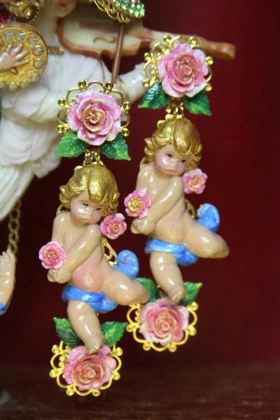 SOLD! 3846 Baroque Hand Painted Vivid Roses Cherubs Earrings Studs