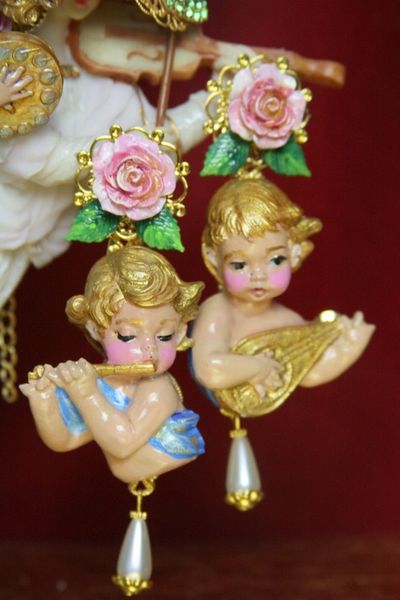SOLD! 3847 Baroque Hand Painted Musical Vivid Roses Cherubs Earrings Studs