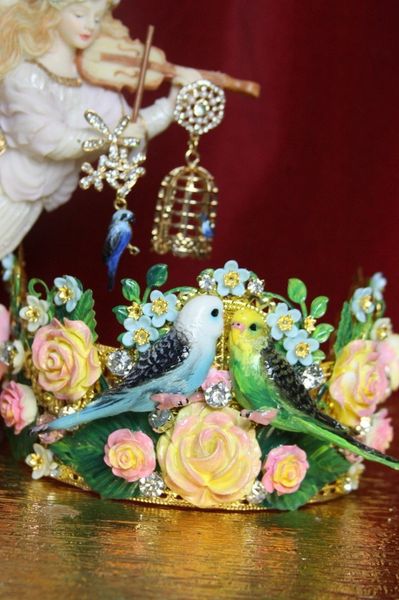 SOLD! 3849 Set Of Hand Painted Art Nouveau Parrots Birdcage Flowers Crown+ Earrings