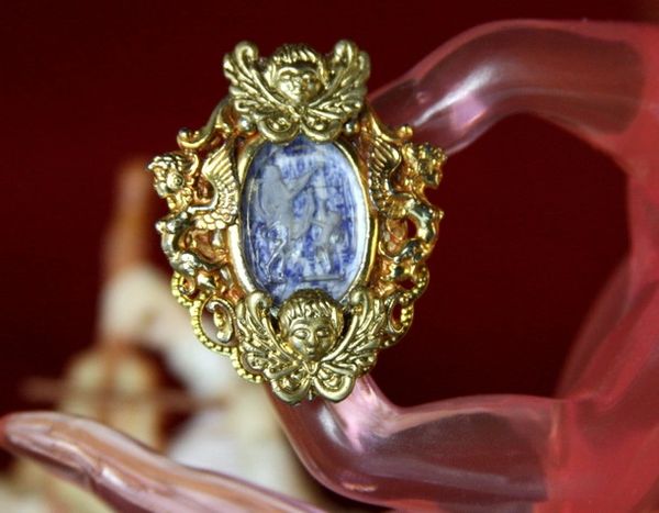 SOLD! 3857 Art Nouveau Antique Style Cherubs Cupid Adjustable Cocktail Huge Ring