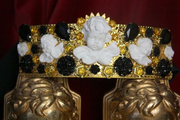 SOLD! 3860 Runway 2018 White Baroque Cherubs Angels Black Crystal Filigree Embellished Waist Belt