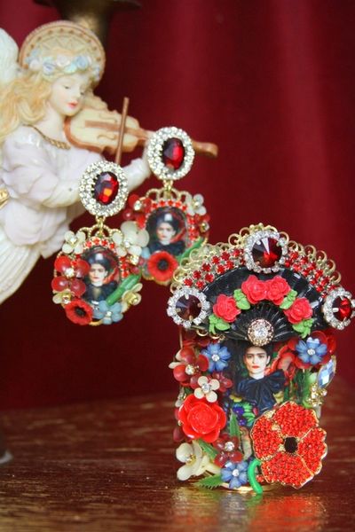 SOLD! 3870 SET BANGLE +Earrings Frida Kahlo Flower Fan Set