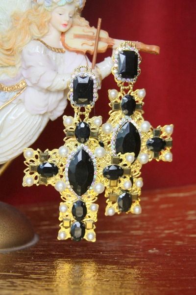 SOLD! 3872 Baroque Alta Moda Massive Black Crystal Square Cross Crystal Studs