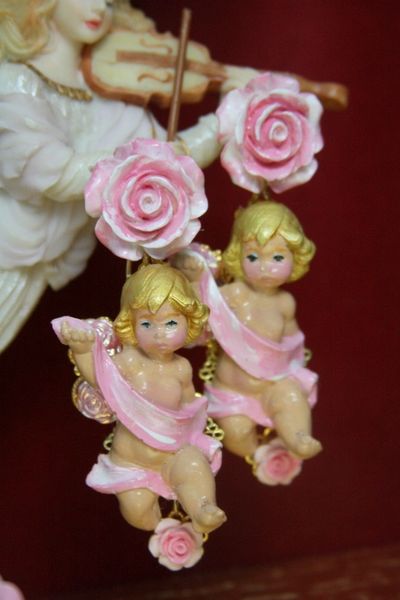 SOLD! 3883 Baroque Hand Painted Vivid Roses Cherubs Pink Earrings Studs
