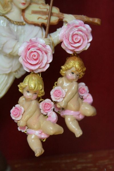 SOLD! 3884 Baroque Hand Painted Vivid Holding Roses Cherubs Pink Earrings Studs