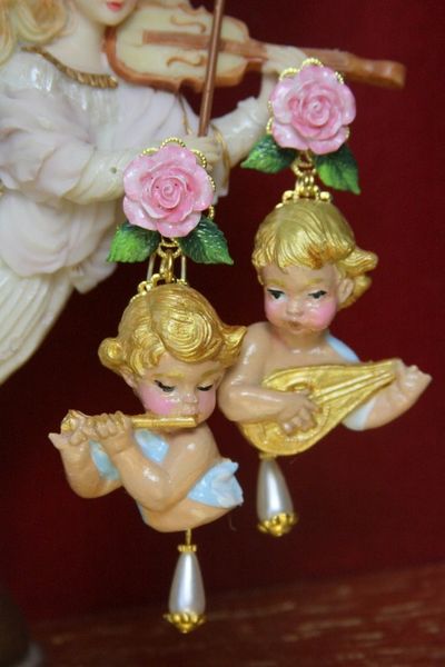 SOLD! 3886 Baroque Hand Painted Musical Vivid Roses Cherubs Earrings Studs