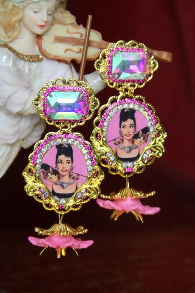 SOLD! 3903 Audrey Hepburn Crystal Flower Cameo Earrings Studs