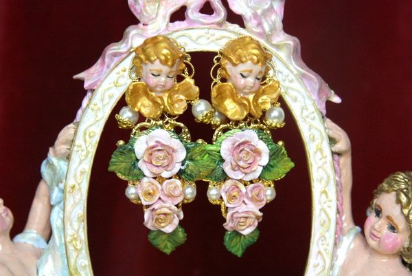 SOLD! 3904 Baroque Hand Painted Vivid Roses Cherubs Earrings Studs
