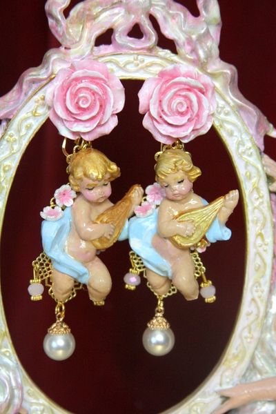 SOLD! 3885 Baroque Hand Painted Vivid Cherubs Pink Rose Mandolin Earrings Studs