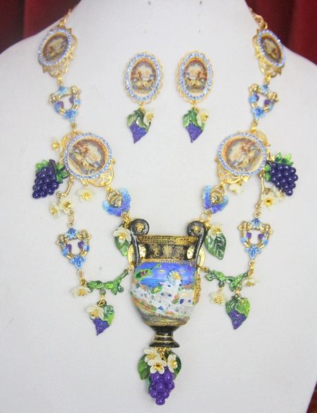 SOLD! 3912 Set Of Hand Painted 3D Effect Greek Revival Vase Grapes Greek Cameos Statement Necklace+ Earrings