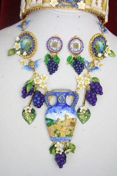 SOLD! 3913 Set Of Hand Painted 3D Effect Greek Revival Vase Grapes Greek Cameos Statement Necklace+ Earrings